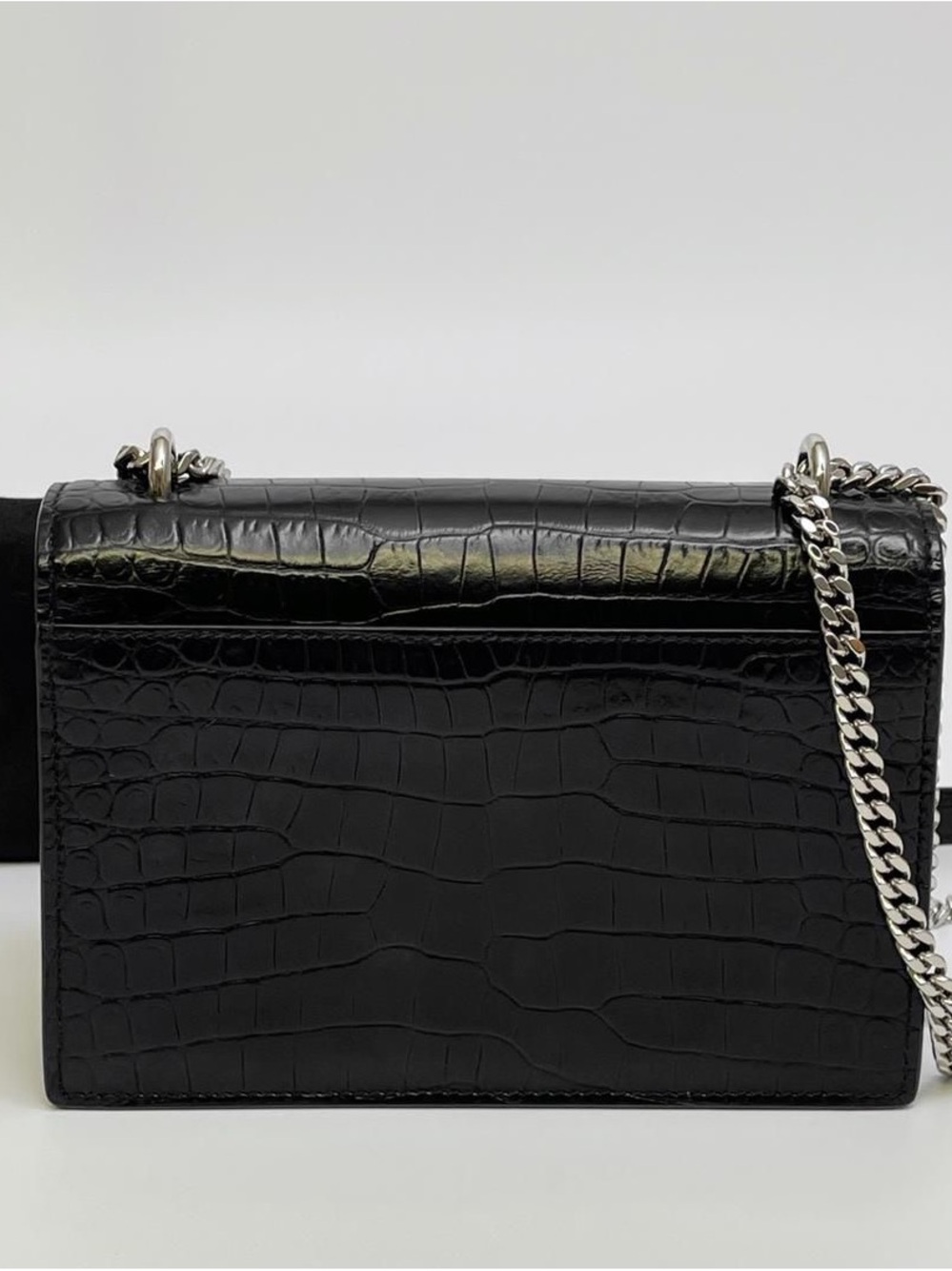 Saint Laurent Black Croc-Embossed Chain Crossbody Bag with Silver YSL Logo - Picture 2 of 6